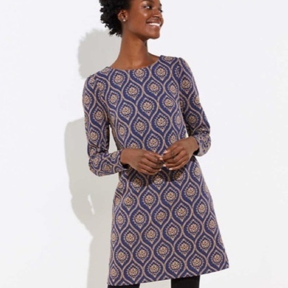 LOFT Medallion Jacquard Shift Dress puff shoulder sleeve comfy cute EUC Sz 6 - Picture 2 of 13